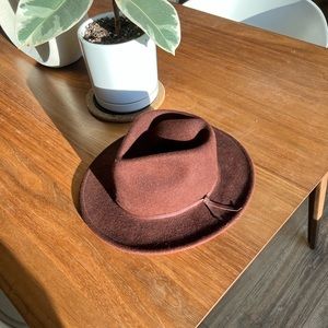 Yellow 108 hat, 100% wool. Maroon fedora. Size M (57cm). Originally $120.